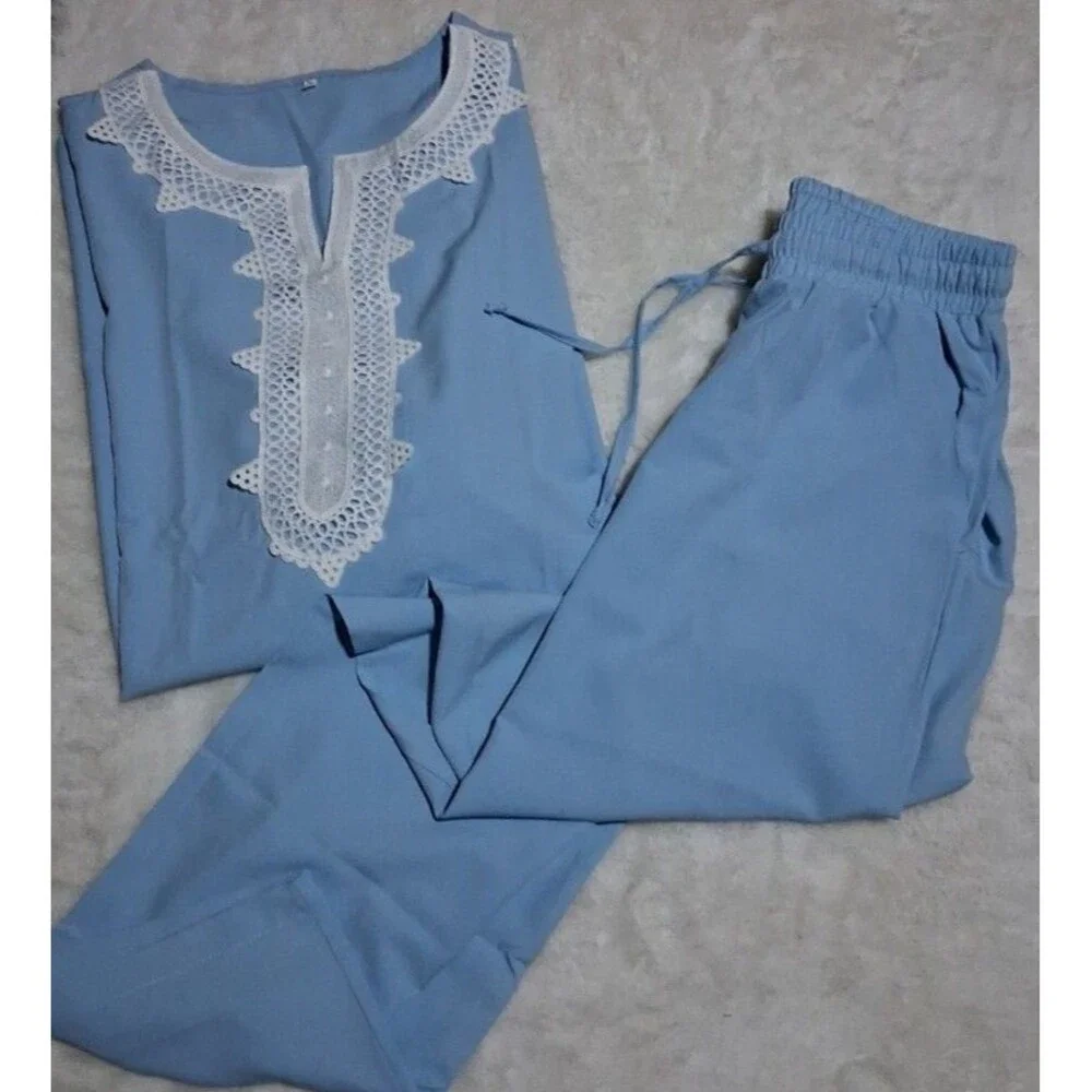Moroccan Style 2 piece slack/longsleeve shirt set sz small top/slacks light blue